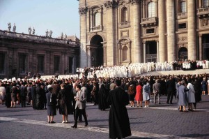 Council Fathers enter St. Peter’s Basilica to attend the opening session of the Second Vatican Council on October 11, 1962
