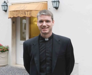Msgr. Daniel Gallagher, a Vatican Latin expert, outside Arlu’s Restaurant on Borgo Pio (Galazka photos).
