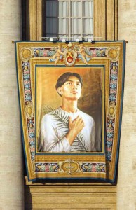 The banner hanging from the facade of St. Peter’s Basilica shows St. Pedro Calungsod, a lay catechist from the Philippines who was martyred in 1672.