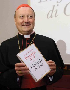 Italian Cardinal Gianfranco Ravasi, head of the Vatican’s Council for Culture and a noted biblical scholar and exegete in his own right, holds a copy ofJesus of Nazareth: The Infancy Narratives, completing Benedict XVI’s 3-volume series on Jesus.