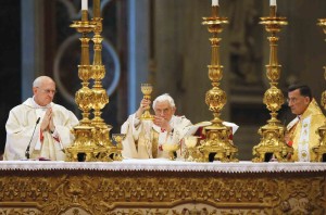 Cardinal James M. Harvey (left) and Lebanon’s Maronite Patriarch Bechara Rai (right) join the Pope at the high altar.