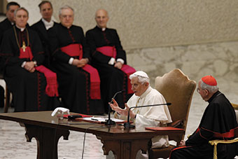 The Holy Father speaks during an audience with priests of the Diocese of Rome in Paul VI Hall at the Vatican February 14 (CNS photo)
