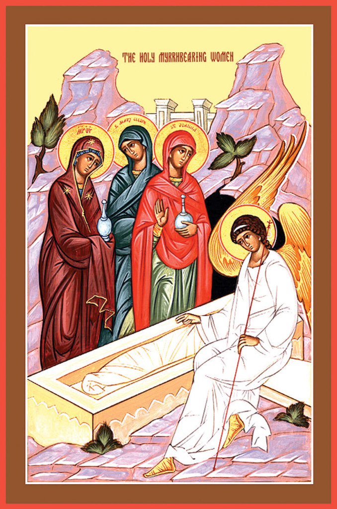 According  to Orthodox tradition, Jesus Christ was crucified, died and descended into Hades. Then he rose from the dead. The Sunday of Myrrh-bearing Women falls on the second Sunday following Pascha. The myrrh-bearers had brought funeral spices and ointments to finish committing Christ’s body to the grave. They were the first to see the empty tomb and were instructed by the Risen Lord to bring the joyful news to the apostles. Sts. Joseph of Arimathea and Nicodemus are also commemorated on this day.