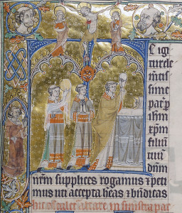 Priest Elevating the Host, detail from the Tiptoft Missal.