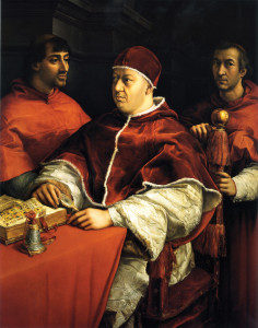 Raphael’s portrait in the Uffizi Gallery (Florence) of Pope Leo X and Cardinals Giulio di Giuliano de’ Medici, later Pope Clement VII, and Luigi de’ Rossi, with the Hamilton Bible.