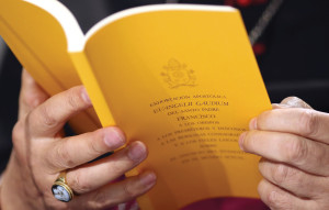 A copy of the apostolic exhortation Evangelii Gaudium (“The Joy of the Gospel”) by Pope Francis is seen during a news conference at the Vatican November 26 (CNS photo)