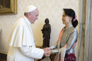 Pope Francis and Burmese opposition leader and Nobel Peace Prize winner Aung San Suu Kyi. 