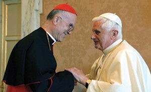 Pope Benedict chose Italian Cardinal Tarcisio Bertone, to be his Secretary of State in mid-2006, a year after his election. Here, Benedict greets Bertone at the Pope’s summer residence in Castel Gandolfo, Italy, on September 15, 2006. Bertone replaced Cardinal Angelo Sodano, who retired from the Secretary of State post after 16 years of service.
