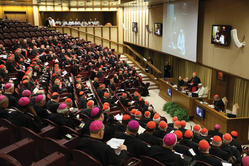 The cardinals met on February 20, 2014, in the Synod Hall, Vatican City, in an Extraordinary Consistory. The Pope, in white, is in the middle in the front. Cardinal Kasper is to his left, about to speak. 
