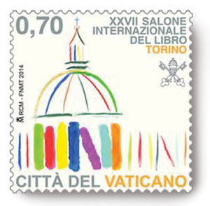A new stamp issued for the occasion by the Holy See. Bottom, the locations of three Vatican Press bookstores in Rome. 
