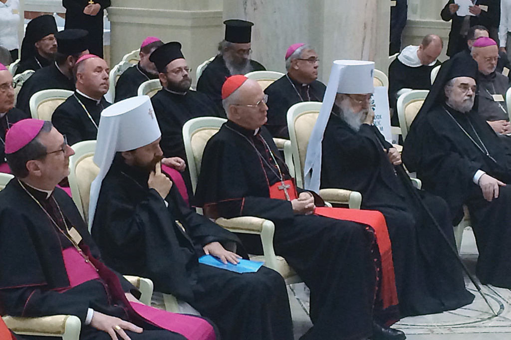 In this photo from the opening of the Fourth Orthodox-Catholic Forum in Minsk, Belarus, on  June 2, Cardinal Peter Erdo, Archbishop of Budapest and Esztergom in Hungary, is flanked by two Russian Orthodox prelates, Metropolitan Hilarion (left) and Metropolitan Filaret. 