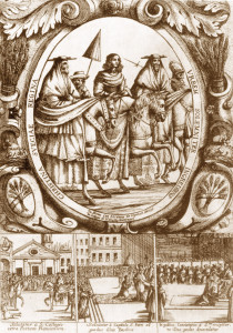 A print of grandiose public processions and other religious ceremonies including formerly-Lutheran Queen Christina of Sweden's entry into Rome after her conversion to Catholicism.