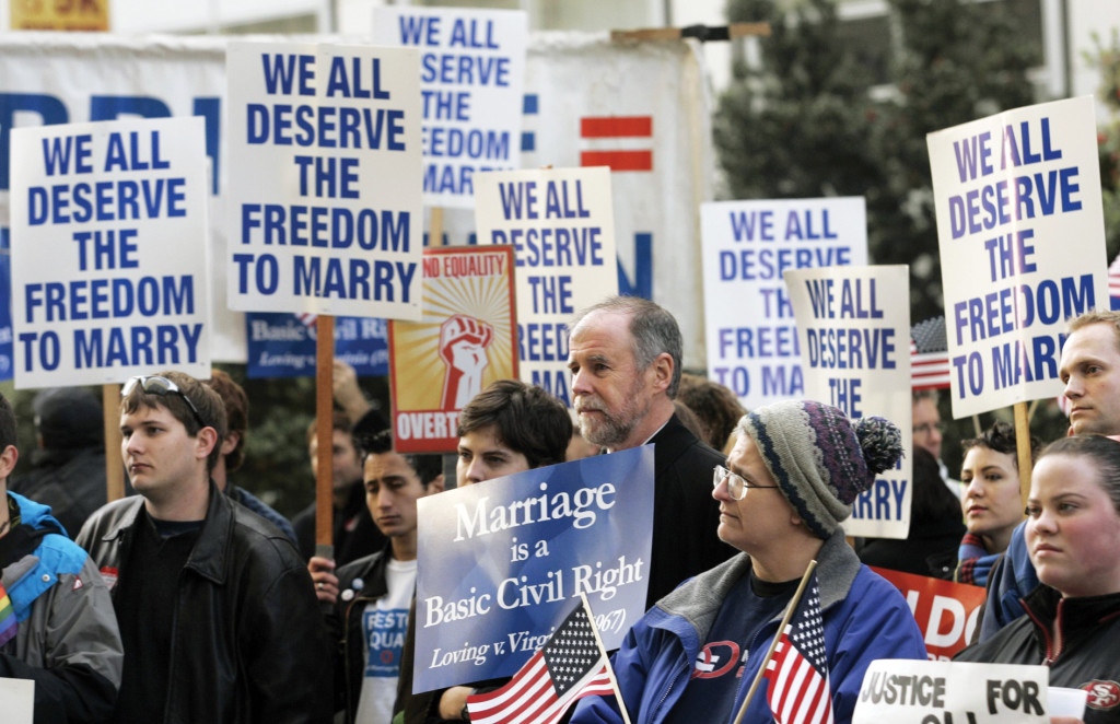 The change in public opinion, above all in the in the West, away from a traditional understanding of “marriage” as irrevocably defined as a complementary, lifetime relationship between one man and one woman who can become a father and a mother through the generation of children is exemplified by this image of supporters of homosexual marriage in a rally outside the federal courthouse in San Francisco January 11, challenging the constitutionality of the voter-approved 2008 California ballot measure Proposition 8, which defined marriage as a union of one man and one woman.