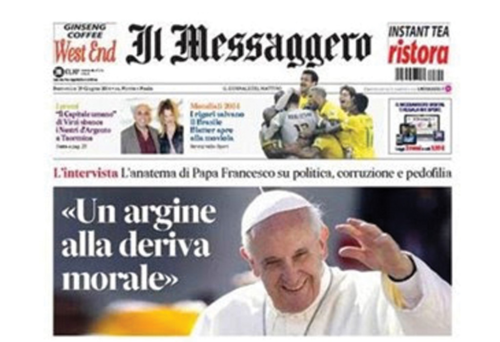 The front page of the Rome daily newspaper, Il Messaggero, on June 30, with the Pope’s interview given prominence. 