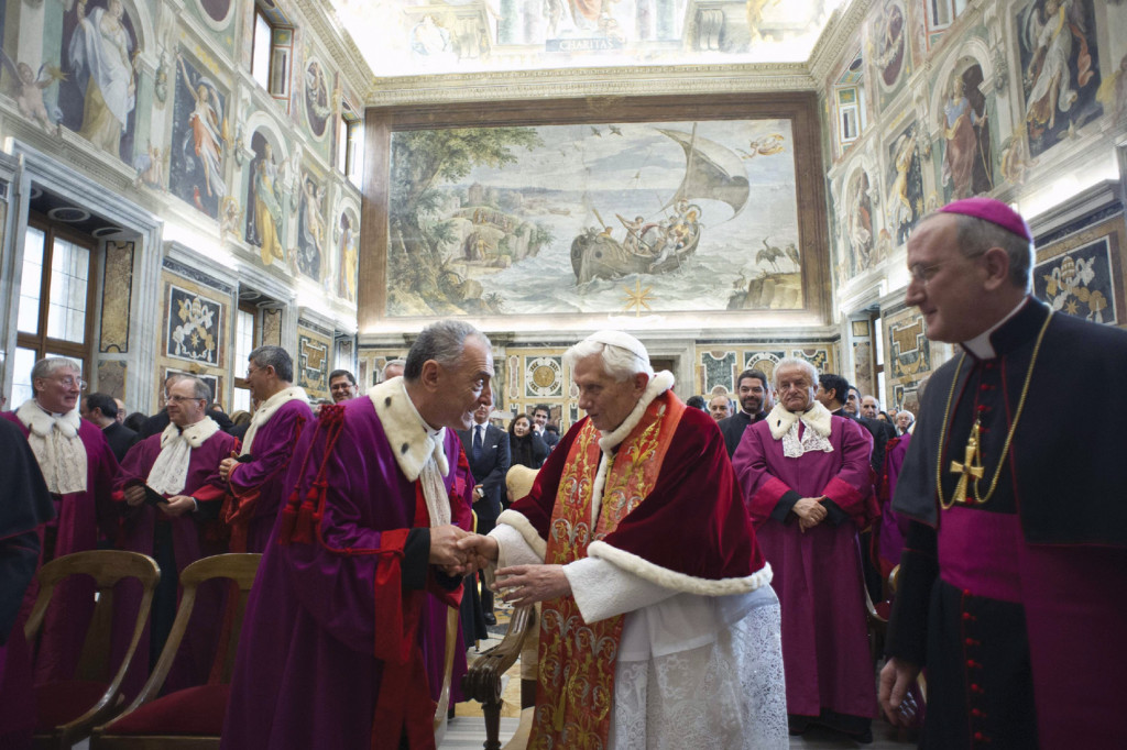 Pope Benedict XVI shakes hands with a member of the Roman Rota, a Vatican tribunal that deals mainly with marriage cases. 