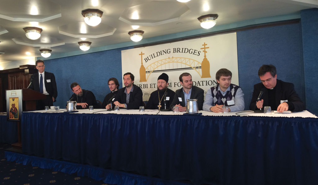 From left: Dr. Robert Moynihan, Fr. Josiah Trenham, Deacon Peter Kozdrin, Leonid Sevastianov, Fr. Ogulchanskyi Bohdan, Alex Sigov, Igor Novikov, Msgr. Duarte de Cunha at the National Press Club, December 11, 2014.