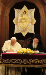 Pope Francis and Patriarch Bartholomew I sign their Common Declaration on November 30.