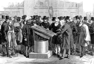 An illustration in the London News of orientalists inspecting the Rosetta Stone during the International Congress of Orientalists, 1784.