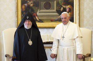 The Catholicos Karekin II of Etchmiadzin, patriarch of the Armenian Apostolic Church, with Pope Francis during a meeting at the Vatican on May 8, 2014.