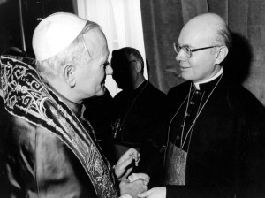 Pope John Paul II as he greeted Cardinal Baum at the Vatican in 1997 (CNS photo/L’Osservatore Romano)