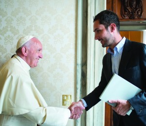 Pope Francis meets Kevin Systrom, co-founder and CEO of Instagram, during a private audience at the Vatican Feb. 26. (CNS photo/L'Osservatore Romano)