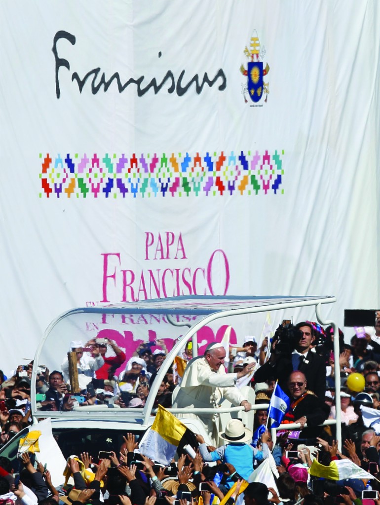 Pope Francis greets the crowd as he arrives to celebrate Mass with the indigenous community from Chiapas in San Cristobal de Las Casas, Mexico, Feb. 15. (CNS photo/Paul Haring) See POPE-CHIAPAS-INDIGENOUS Feb. 15, 2016.