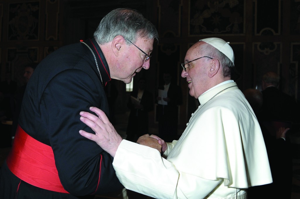Cardinal George Pell of Sydney greets Pope Francis during his audience with cardinals March 15 at the Vatican. (CNS photo/L'Osservatore Romano) (April 9, 2013)