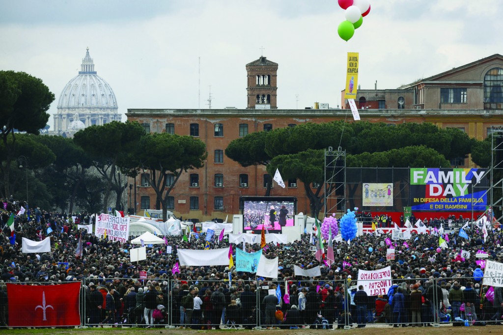 The dome of St. Peter's Basilica is seen in the distance as people attend the Family Day rally at the Circus Maximus in Rome Jan. 30. The rally was held to oppose a bill in the Italian Senate that would allow civil unions for homosexual and heterosexual couples. (CNS photo/Paul Haring) See story to come.