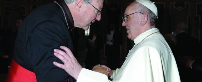 Cardinal George Pell of Sydney greets Pope Francis