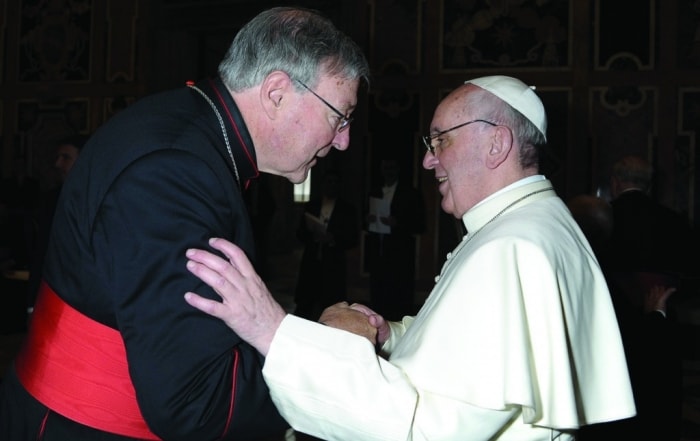 Cardinal George Pell of Sydney greets Pope Francis
