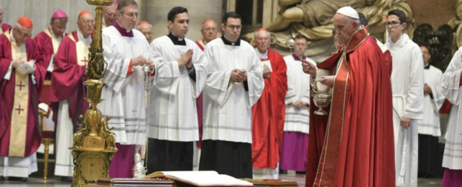 Pope Francis incenses the coffin of the late Cardinal Elio Sgreccia in St. Peter's Basilica on Friday, June 7.